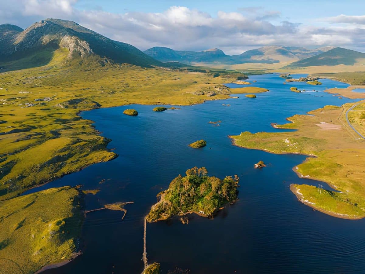 Aerial of Connemara national park with Twelve Pines Island