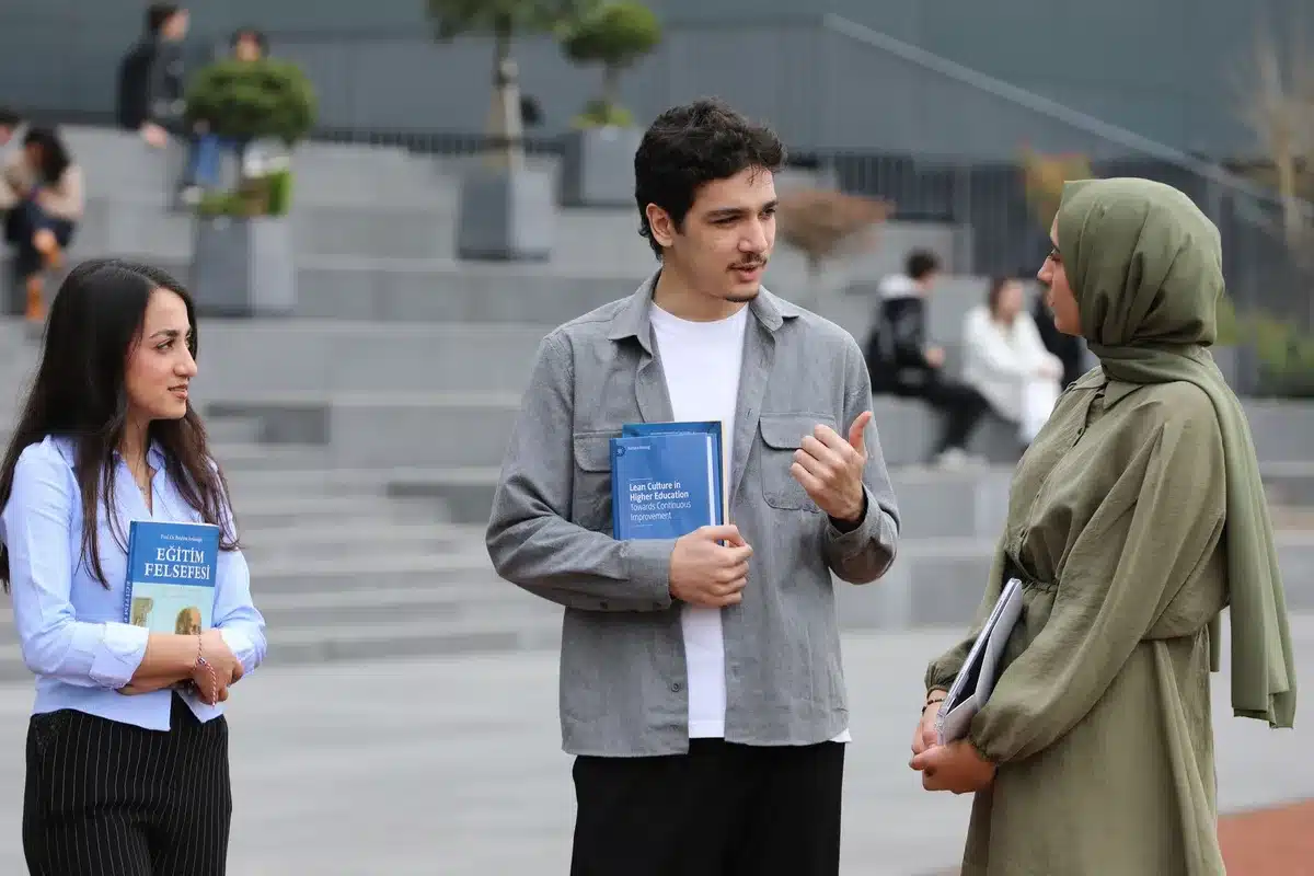 Students meeting on a university campus