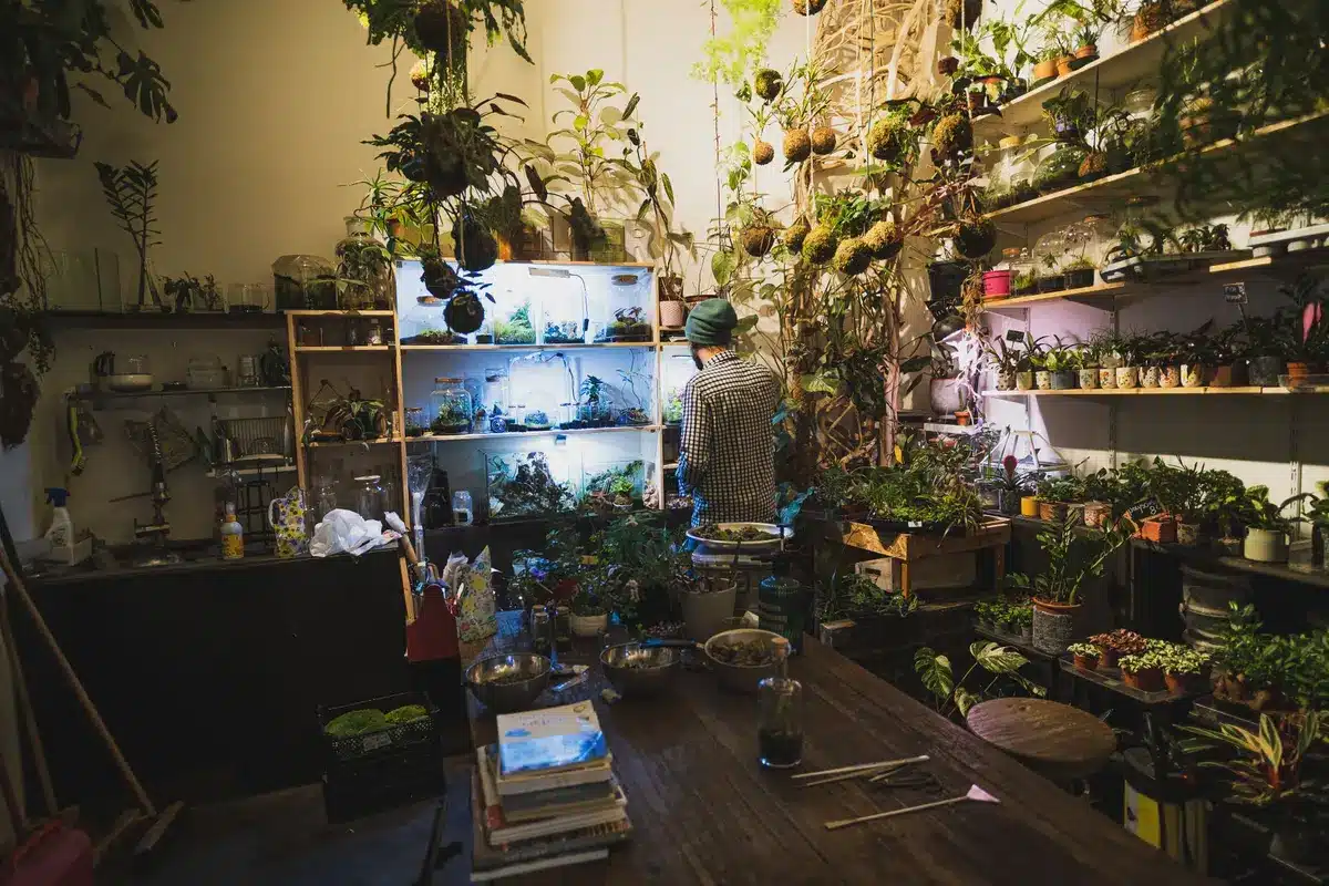 Creative workspace with design materials and garden planning tools