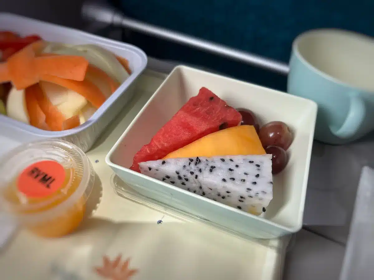 A typical airline meal tray with processed foods, salt-rich options and carbohydrate-heavy items