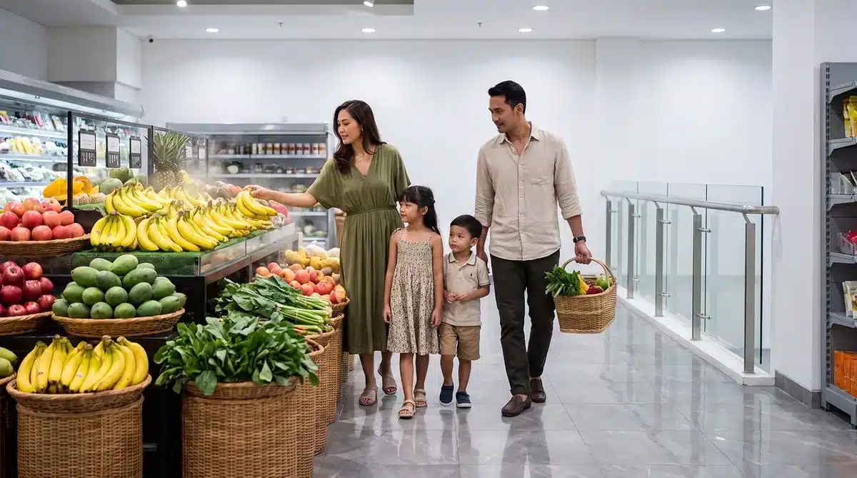 Multi-level sports retail store interior with shoppers browsing athletic apparel and footwear