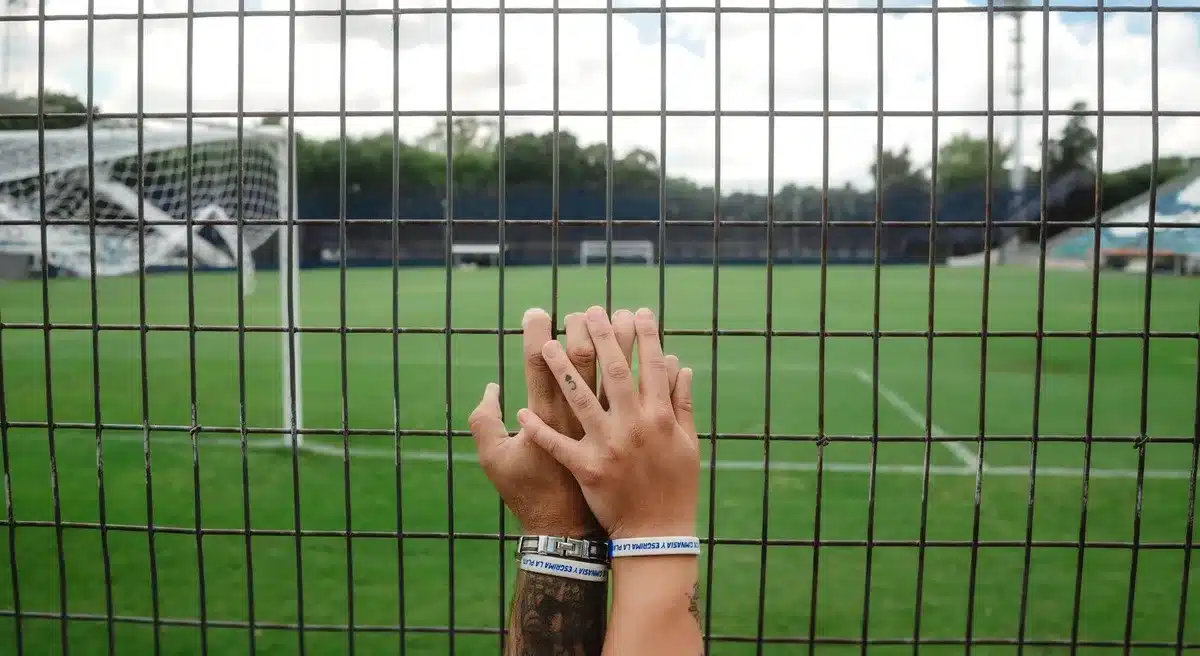 A couple watching a sports match together from the stands