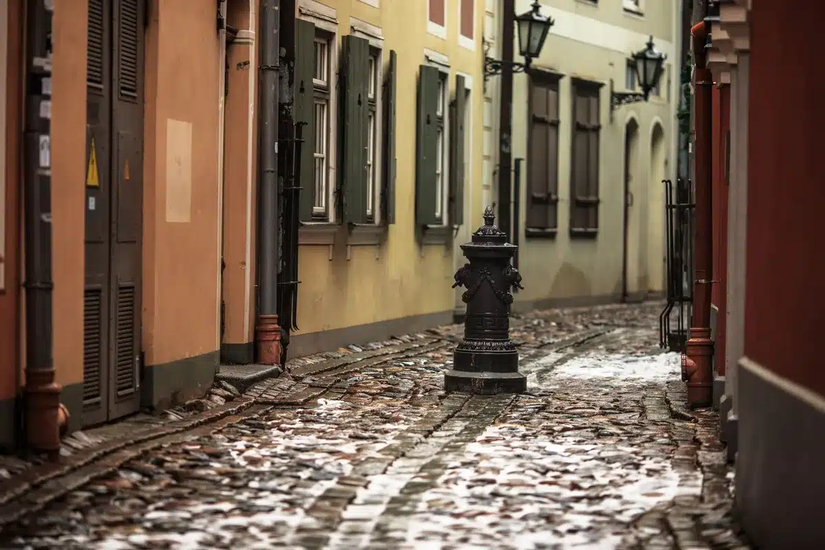 Narrow cobblestone street in a historic European town with traditional buildings