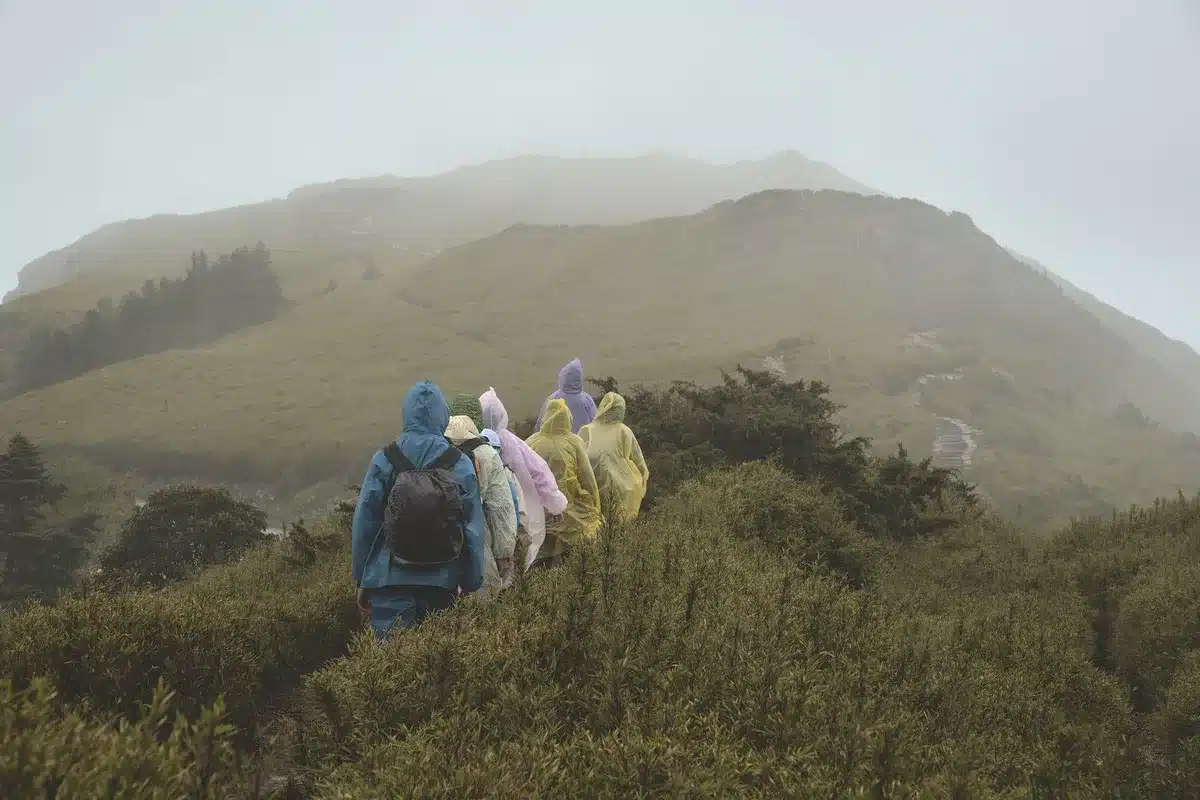 Hiker in waterproof gear navigating a misty mountain trail