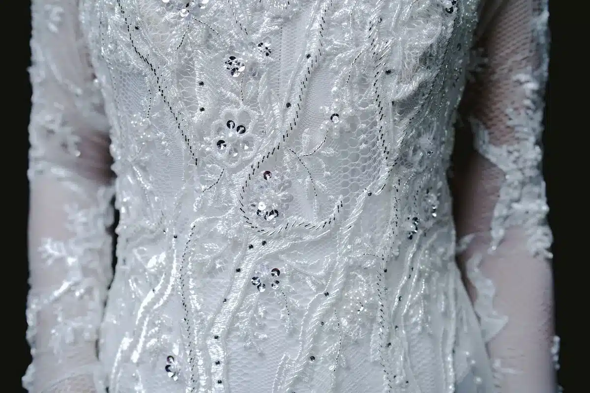 Elegant couture wedding gown detail showcasing intricate haute couture craftsmanship and design