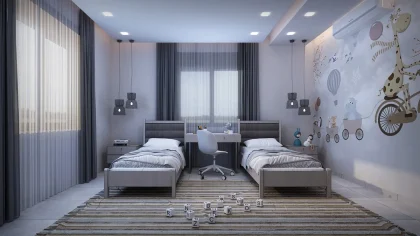Stylish modern hotel room with contemporary furnishings, rainfall shower and smart TV
