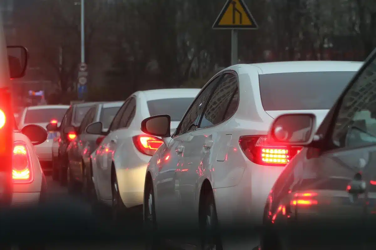 Cars stopped in traffic on an urban Dublin street near Cork Street