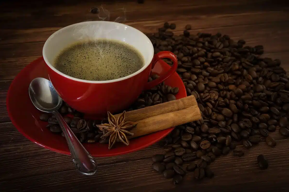 Cup of coffee with apple slices and cinnamon sticks beside coffee capsules