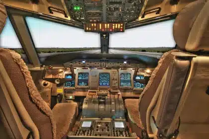 Airplane cabin in daylight with loose overhead panels and passengers reacting