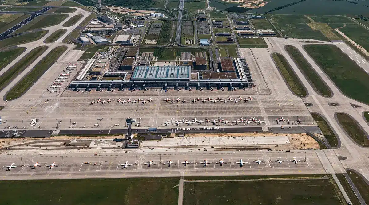 Modern airport terminal building with international flights