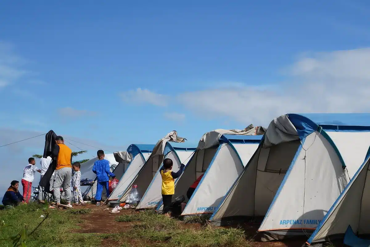 Camping essentials including a tent, sleeping bag, pillow and other gear laid out on grass