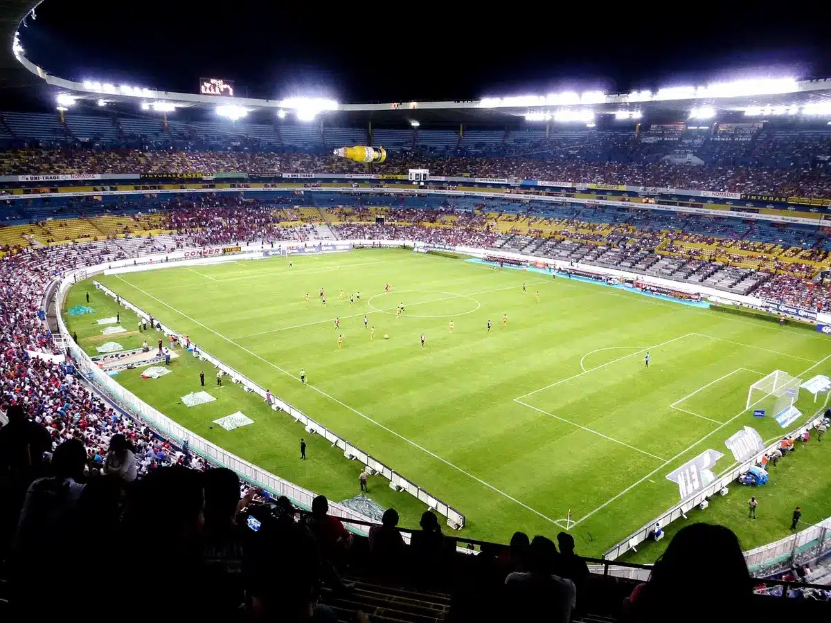 Large stadium filled with spectators watching a boxing match in the ring