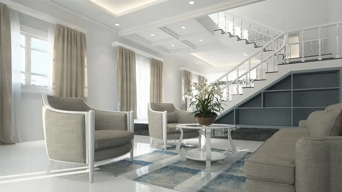 Room interior with velvet drapes, neutral carpet and crystal chandeliers