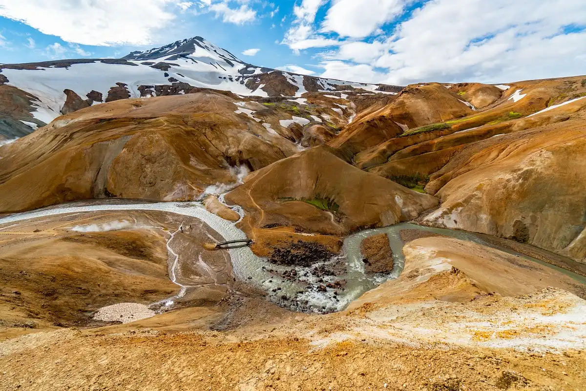 Dramatic Icelandic landscape with waterfalls and geothermal features