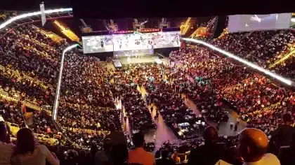 Silhouettes of a packed arena audience with stage lights and raised phones