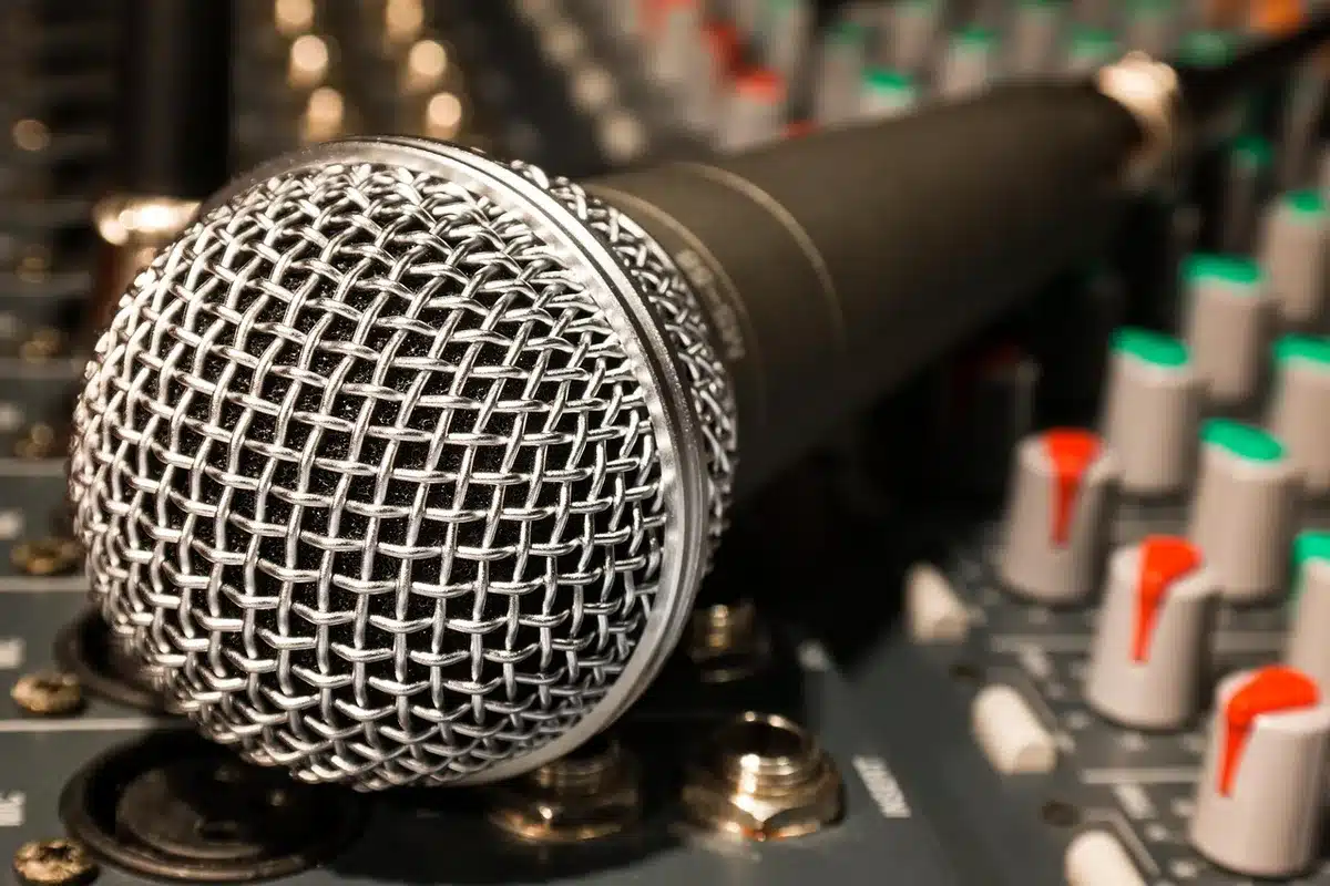 Microphone and radio studio desk during an interview